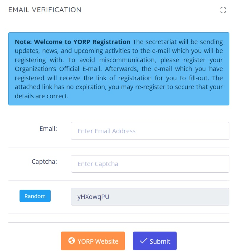 YORP portal screenshot — Verify Your Email