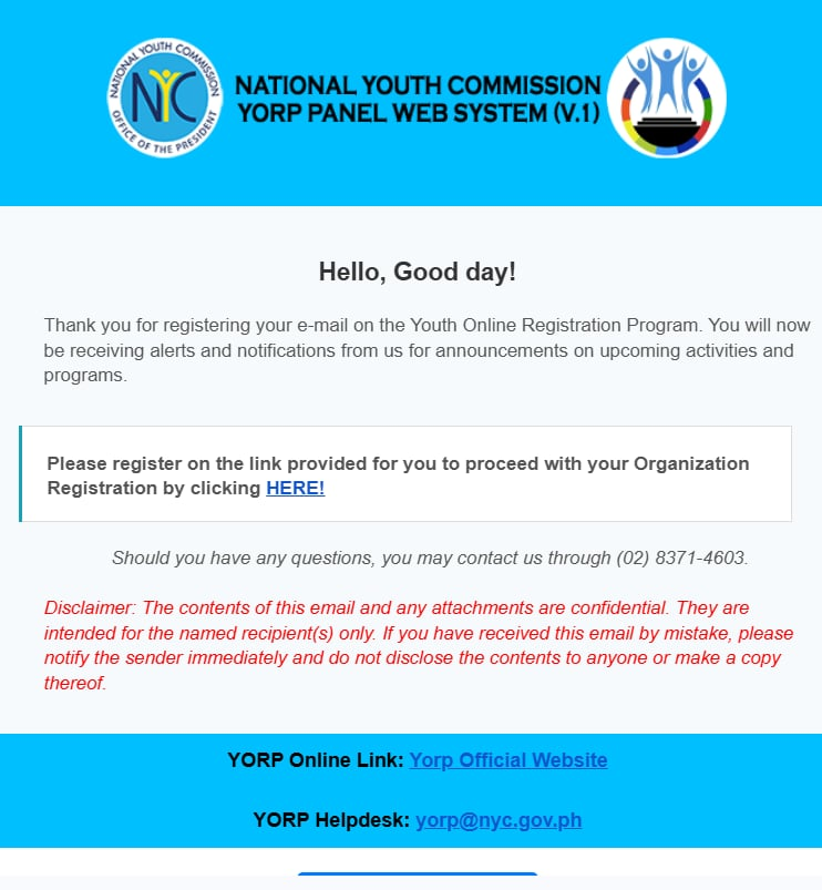 YORP portal screenshot — Open the Registration Link